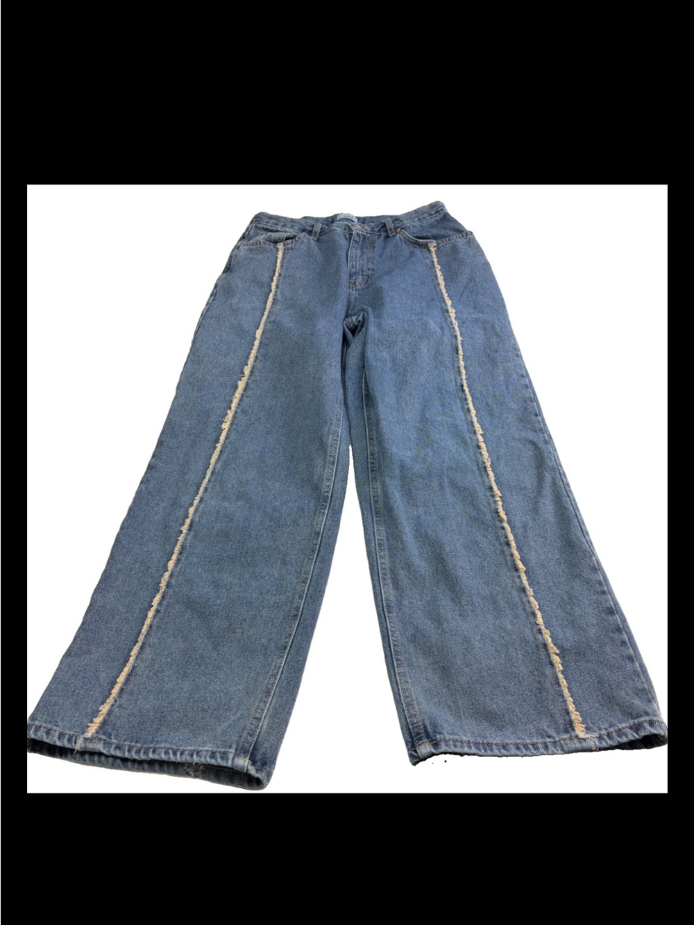 JJIM High-Rise Wide Leg Jeans with Frayed Vertical center front Seam- Blue- Sz L